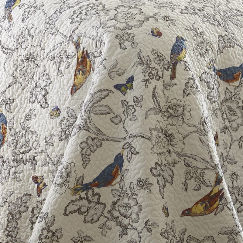 Levtex Home - Mockingbird Quilt Set - Full/Queen Quilt 88x92in. + Two Standard Pillow Shams 26x20in. - Grey Toile with Birds and Butterflies - Reversible - Cotton - Image 3